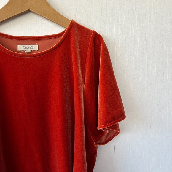 Madewell Velvet Blouse Womens XS Rust Flutter Sleeve Boxy Fit Short Sleeve Top - Picture 2 of 5